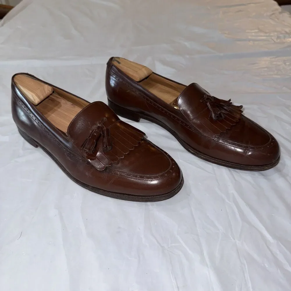 Salvatore Ferragamo Mens 10.5D Brown Leather Kiltie Tassel Loafers Moc Toe Italy